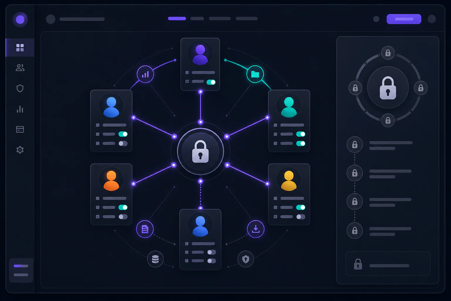 TEMIRIN role-based access mockup showing research, approval, administration, billing, and export permissions around a shared workspace.