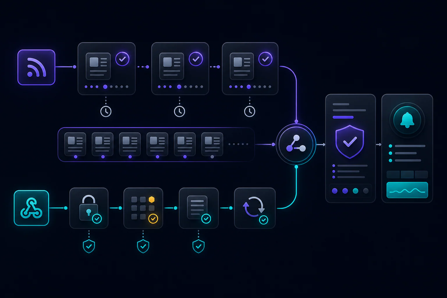 TEMIRIN branded product mockup for RSS Ingestion vs Outbound Webhook Alert Delivery for Prediction Markets, showing RSS source, evidence record, in-app event, webhook destination.