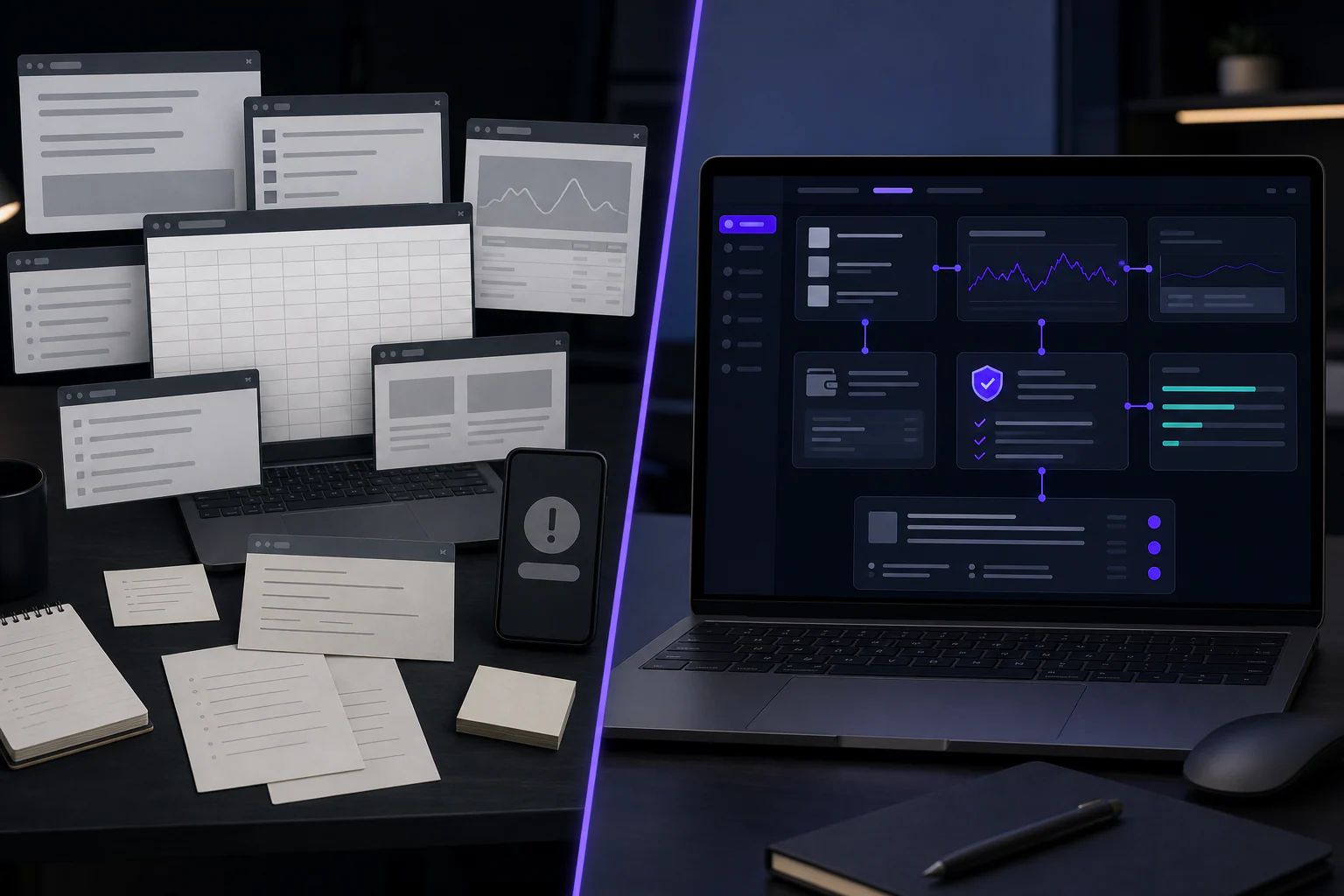Split TEMIRIN comparison mockup contrasting scattered tabs, spreadsheet, bots, and prompt windows with one connected opportunity workspace.